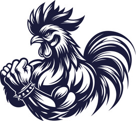 Muscular Rooster Mascot Silhouette. Aggressive Chicken Flexing Biceps Logo Icon

Description: Bold and powerful vector silhouette of a muscular rooster mascot with an intense, aggressive expression. 
