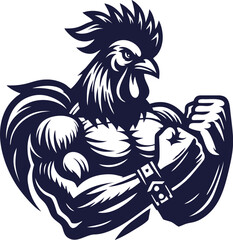Muscular Rooster Mascot Silhouette. Aggressive Chicken Flexing Biceps Logo Icon

Description: Bold and powerful vector silhouette of a muscular rooster mascot with an intense, aggressive expression. 