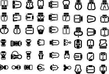 Plastic Buckle Silhouette Set | Strap & Clip Icons Vector Adjustable Buckle Icons | Black Plastic Buckle Silhouettes