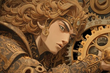 Detailed close-up of a stylized figure, ornate armor and golden hair.