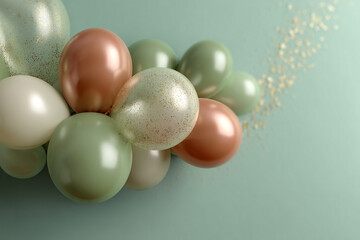 Group of pastel-colored balloons, speckled with gold glitter, arranged on a teal background with scattered gold confetti.  Illustrates festive celebration or elegant design concept