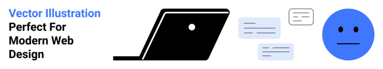 Open laptop with speech bubbles next to a neutral blue face, signifying communication, feedback, or user expressions. Ideal for web design, tech interfaces, messaging, chatbots, user experience