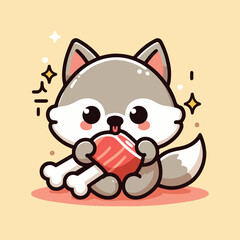 vector image of cute wolf eating meat