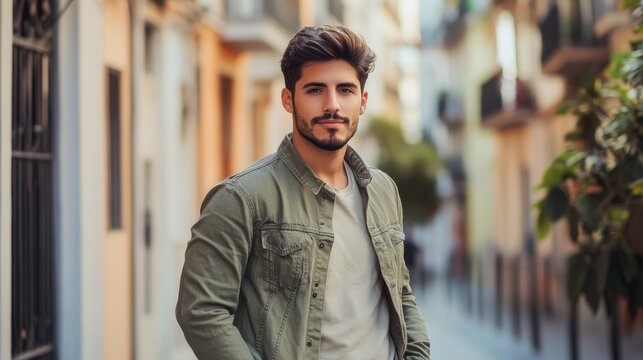 man urban young male outdoor lifestyle portrait fashion city guy model adult cool posing modern attractive style trendy confident handsome casual outside youth hispanic latin
