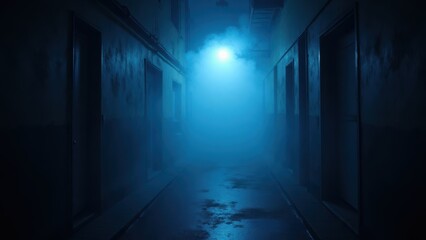 Foggy Dark Alleyway with Blue Light: Urban Gothic Mystery with Atmospheric Mood, Perfect for Thriller or Horror Concept, with Grunge Texture