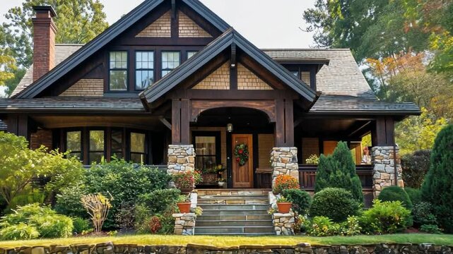 Craftsman Home: A warm invitation to luxury and comfort. This image presents a stunning craftsman home nestled amidst lush greenery, showcasing architectural details and inviting curb appeal.