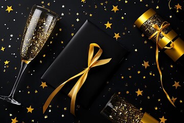 Champagne Glasses, Wrapped Gift Box, Tube with Gold Ribbons, Stars on Black Backdrop