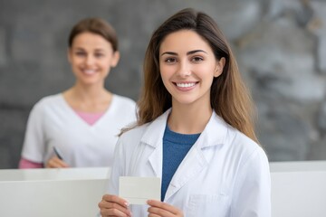 Obraz premium Smiling Woman Doctor Shows Business Card