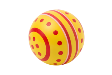 Bright Yellow Ball with Red Dots and Stripes on a Gray Background