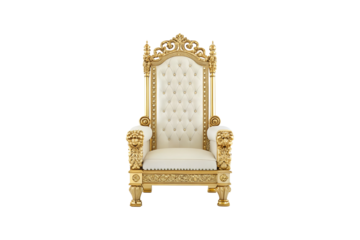 Luxurious golden throne with white leather cushioning against a grey background