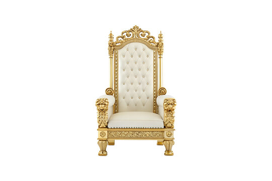 Luxurious golden throne with white leather cushioning against a grey background