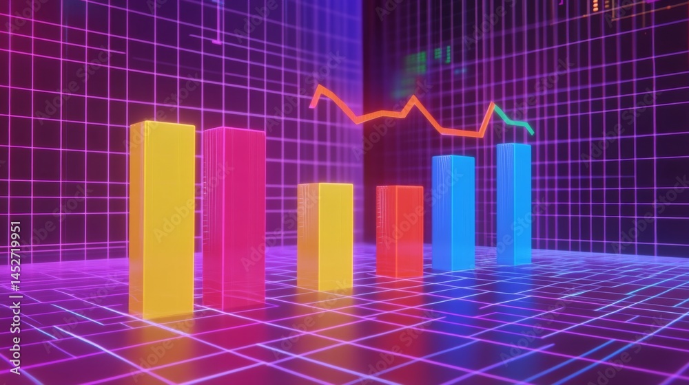 Poster a futuristic financial d bar graph showing rising bars in bright colors, floating against a digital 