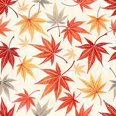 Japanese maple leaves (Momiji) vector seamless pattern in autumn red-orange gradient, falling leaf motif in traditional flat style

