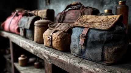 Aged, weathered bags and containers on rustic shelves