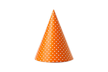 Bright orange birthday party hat with white polka dots against gray background