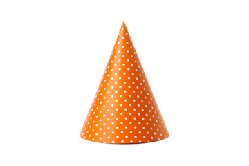 Bright orange birthday party hat with white polka dots against gray background