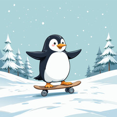 Fototapeta premium Charming Penguin Shredding Powder on a Skateboard in a Winter Wonderland 