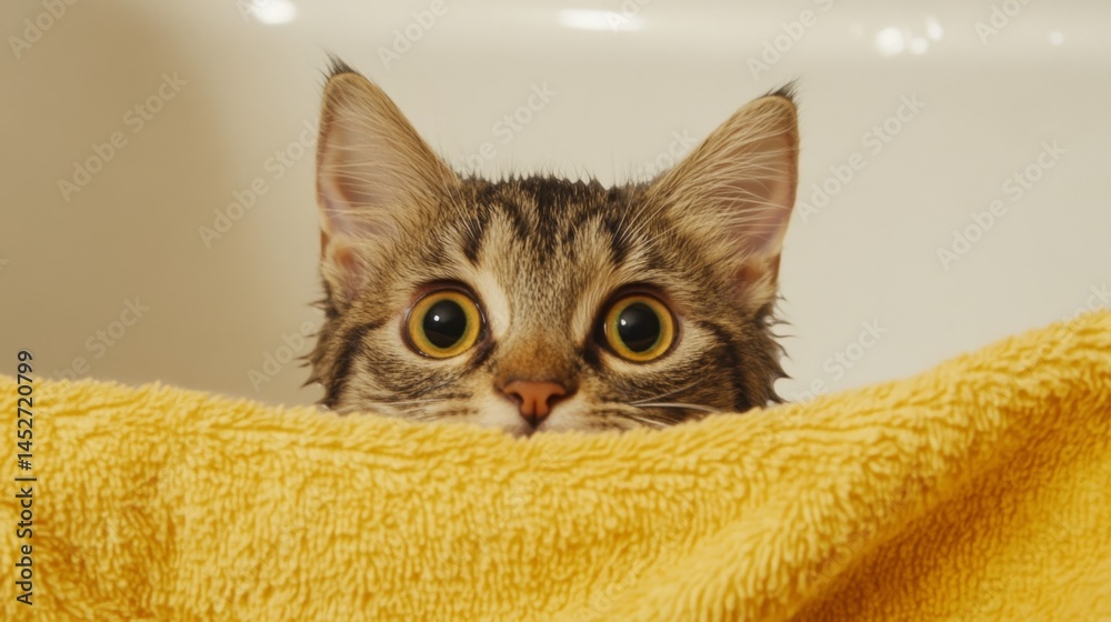Poster a heartwarming image of a cat peeking out from a bath towel, with only its head visible, showcasing 