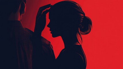 Stop Violence against women banner with silhouette strong woman and male hand on her shoulder. Domestic abuse and sexual harassment. Vector illustration