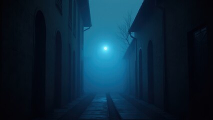 Obraz premium Eerie Foggy Alleyway at Night: Blue Illuminated Urban Scene