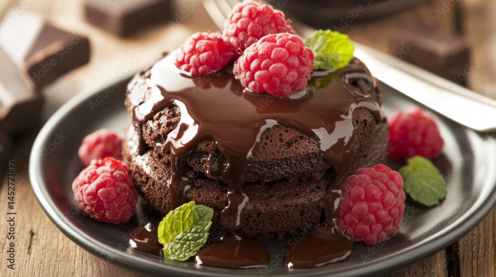 Poster A luxurious chocolate dessert plated with a drizzle of raspberry sauce and garnished with mint leaves, showcasing a refined and indulgent culinary creation.