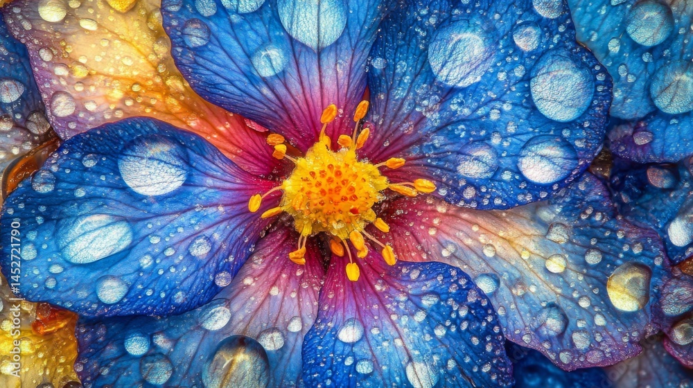 Poster a macro shot of a vibrant blue hydrangea with raindrops on its petals, creating a stunning visual ef
