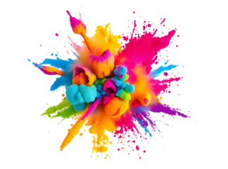 Vibrant Colorful Powder Paint Explosion Burst, Dynamic Abstract Splatter Graphic Element for Holi Festival and Celebration with Transparent Background