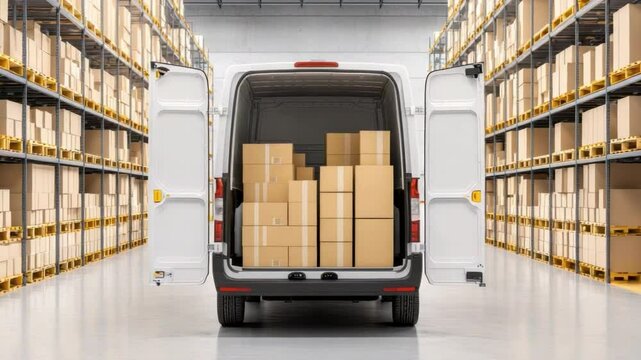 Delivery van unloading boxes in a spacious warehouse with organized shelves and orderly stack of packages