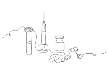 Continuous one line drawing of medical supplies including test tube, syringe, vaccine vial, and capsules. Minimalist vector illustration for healthcare and pharmaceutical concepts. Editable stroke
