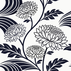 seamless Japanese pattern with chrysanthemum flowers and stylized waves in black and white, classic Wagara combination, vector art
