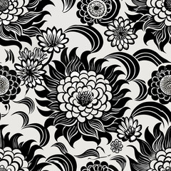seamless Japanese pattern with chrysanthemum flowers and stylized waves in black and white, classic Wagara combination, vector art
