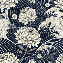 seamless Japanese pattern with chrysanthemum flowers and stylized waves in black and white, classic Wagara combination, vector art
