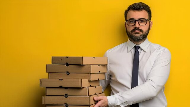 Man in shirt and tie holding stack of pizza boxes against yellow background