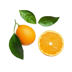 Orange fruit with leaves and a cross section of the orange