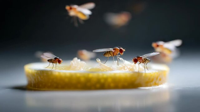 Group of fruit flies feeding on the surface of a lemon slice, with several blurred flies in the background over a dark background.