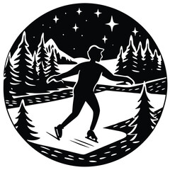 Silhouette Ice Skating Scene: Winter Night Landscape with Trees and Stars Art
