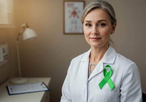 Portrait of a woman doctor wearing a white coat with a green ribbon in a medical office setting