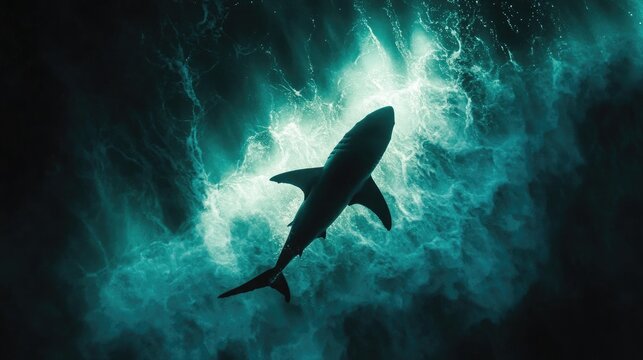 A sharka??s angular silhouette circling just below glowing teal ocean waves