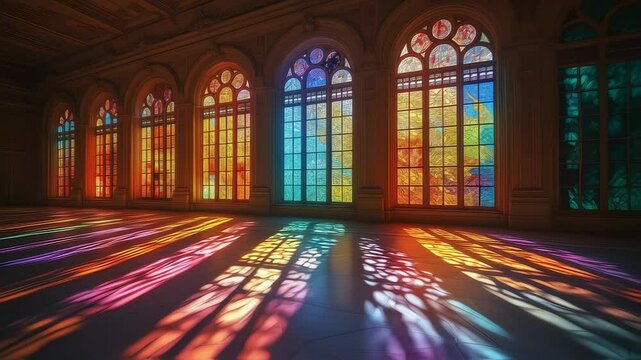 Colorful light patterns fill historic hall with stained glass windows in vibrant display