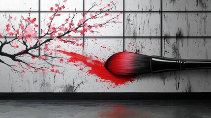 Cherry Blossom Artistic Creation: A Brushstroke of Red Elegance