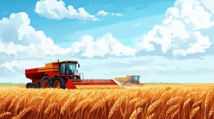 Naklejka premium Combine harvesters harvesting wheat into the trailer in a rural field illustration