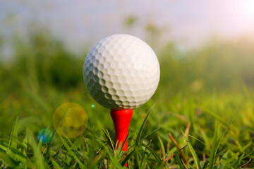 Golf Ball on Red Tee with Grass and Sunlight in Background
