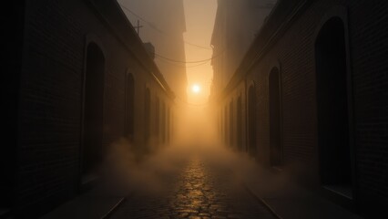 Fototapeta premium Foggy European Alleyway with Cobblestone Street and Ornate Buildings in Atmospheric Mist, Ideal for Urban Mystery & Historical Themes