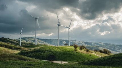 Obraz premium Wind Turbines on Green Hills Under Cloudy Sky