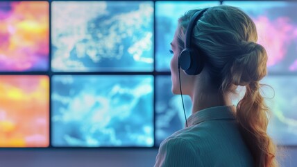 Female tech specialist analyzing digital data on multiscreen display with headphones in futuristic control room focused on information flow. Weather service office