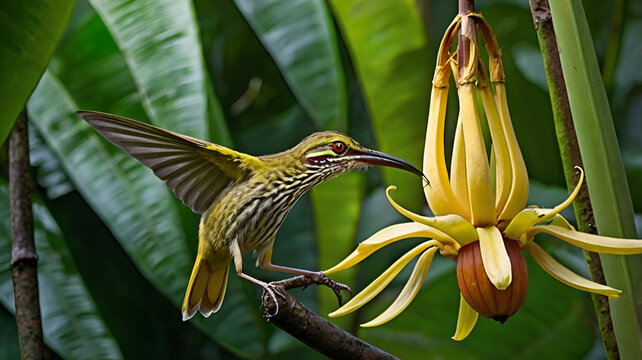 A streaked spiderhunter clinging to a banana flower in a Southeast Asian jungle