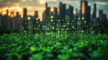 Cityscape overlaid with green plants, sustainable urban design