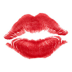Fototapeta premium Bright red lipstick kiss print with glossy texture