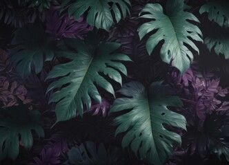 Fototapeta premium Deep green and purple exotic leaf pattern Dramatic, shadowy, mysterious design , pattern, decor, texture