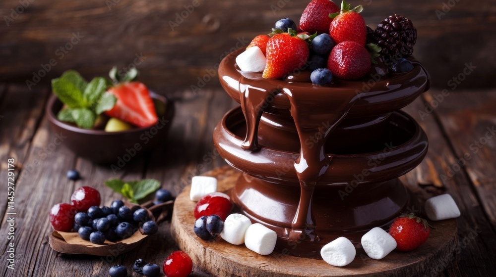 Poster a stunning image of a chocolate fountain cascading with smooth, melted chocolate, surrounded by fres